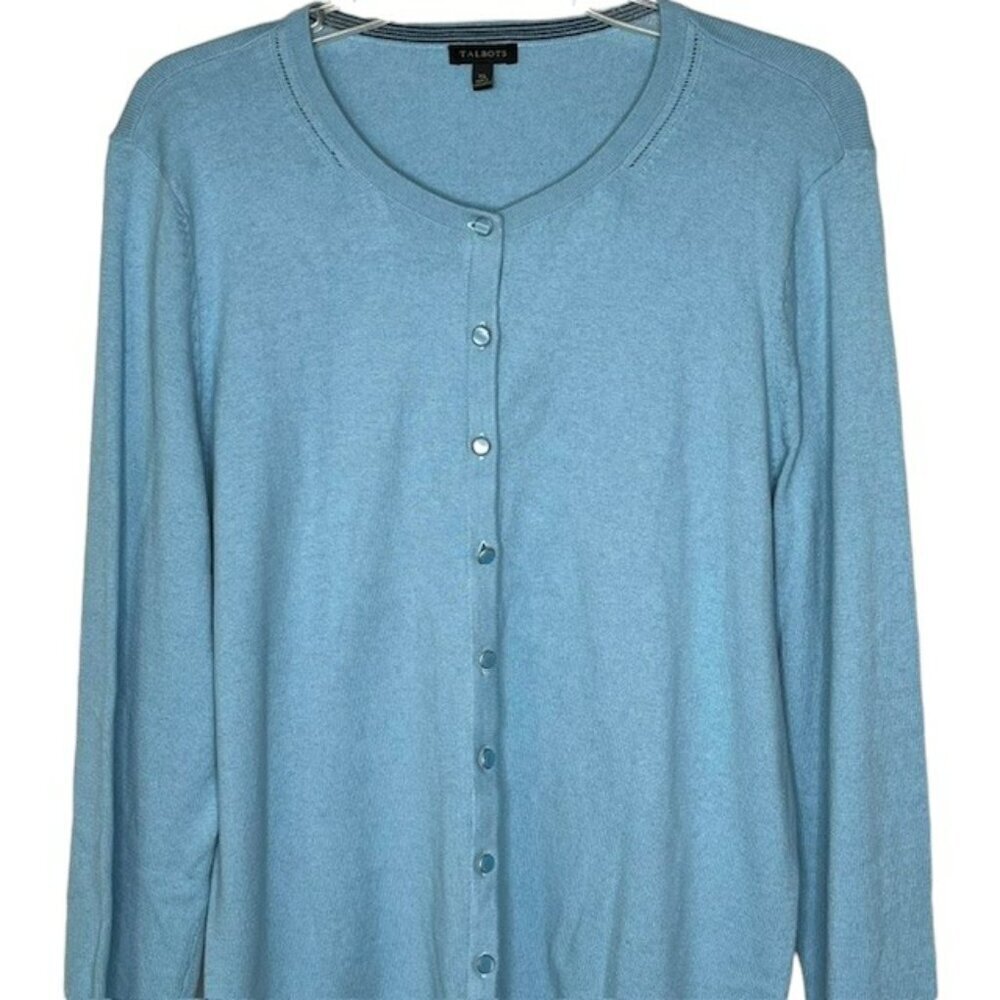 Talbots Fine Knit Cardigan Pearlescent Buttons Cotton/Cashmere - Blue - XL